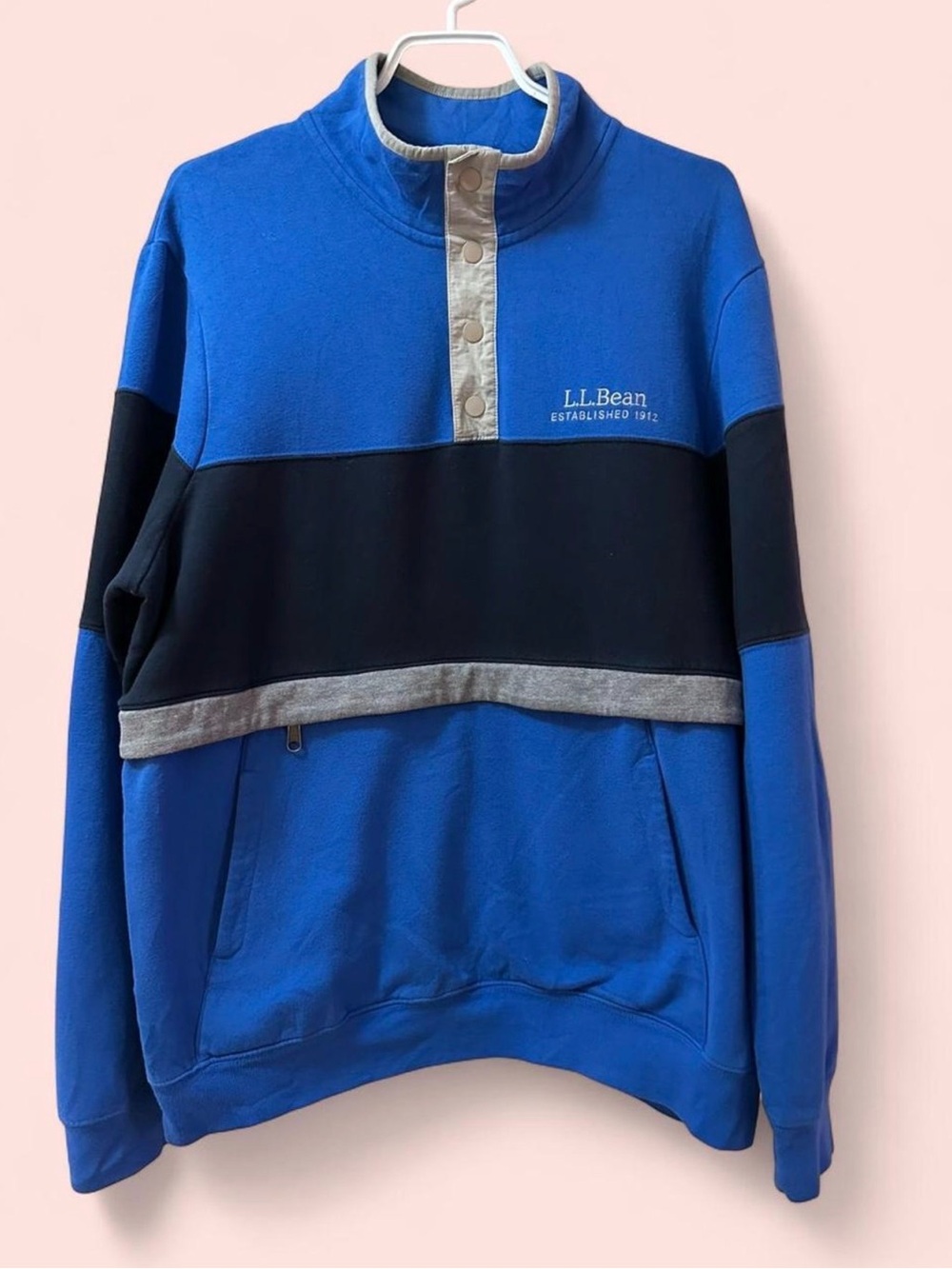 L.L Bean Snap Pullover Sweatshirt Hidden Zipper Pocket Fleece Lined Blue Black